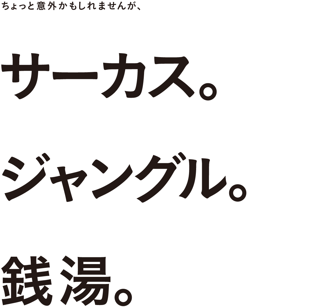 ちょっと意外かもしれませんが、サーカス。ジャングル。銭湯。